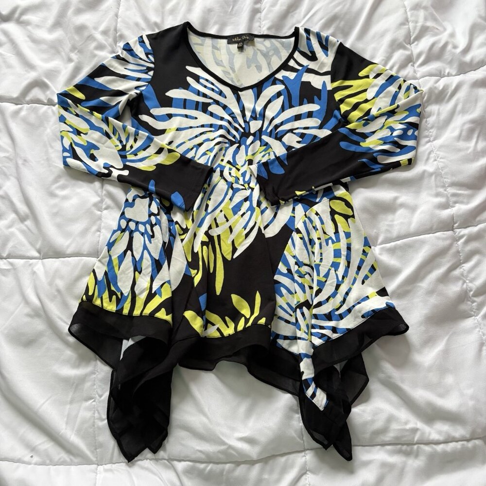 Melissa Paige Womens Size XS Floral Top Blouse‎ Long Sleeve Black Blue Yellow